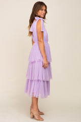 Lavender Sleeveless Tiered Tie Strap Tulle Midi Dress