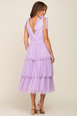 Lavender Sleeveless Tiered Tie Strap Tulle Midi Dress