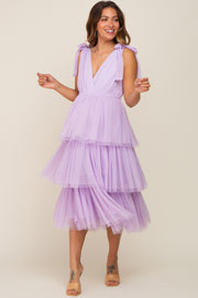 Lavender Sleeveless Tiered Tie Strap Tulle Maternity Midi Dress