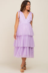 Lavender Sleeveless Tiered Tie Strap Tulle Maternity Midi Dress