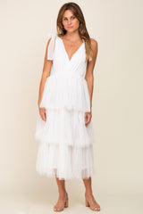 Ivory Sleeveless Tiered Tie Strap Tulle Midi Dress