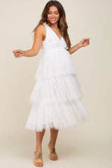 Ivory Sleeveless Tiered Tie Strap Tulle Maternity Midi Dress