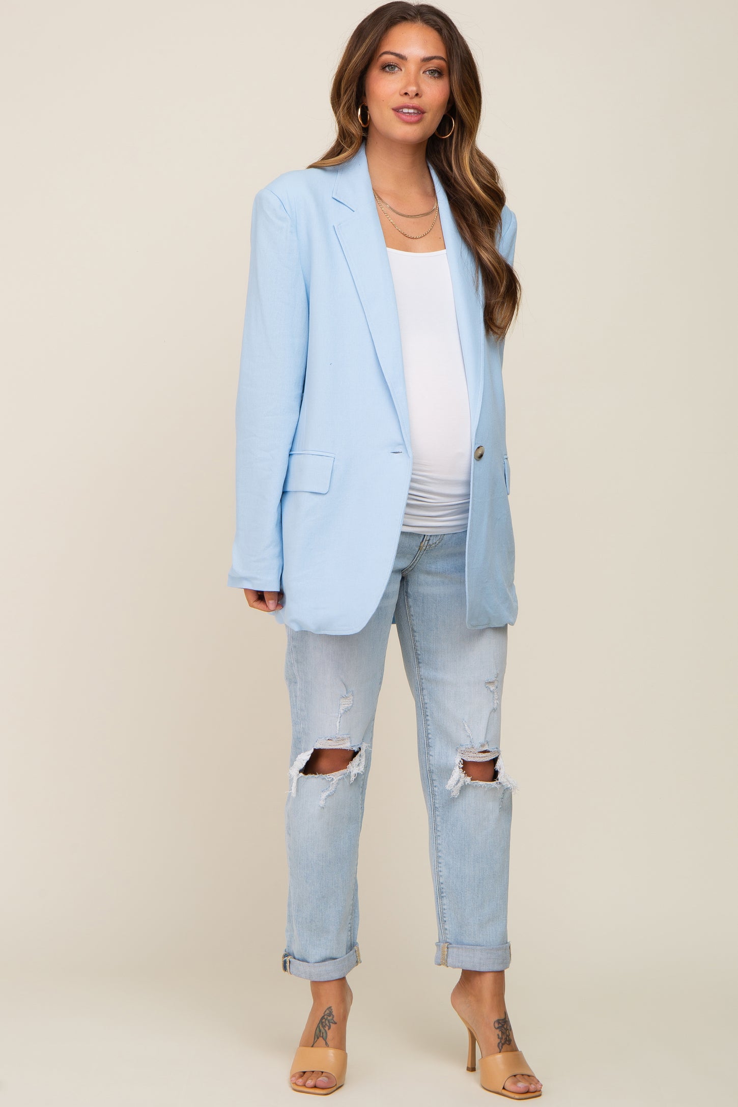 Light Blue Linen Front Pocket Maternity Blazer– PinkBlush