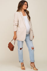 Beige Linen Front Pocket Maternity Blazer