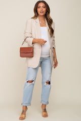 Beige Linen Front Pocket Maternity Blazer