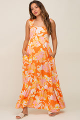 Orange Floral Sleeveless Maternity Maxi Dress