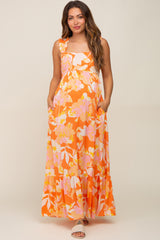 Orange Floral Sleeveless Maternity Maxi Dress