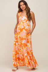 Orange Floral Sleeveless Maternity Maxi Dress