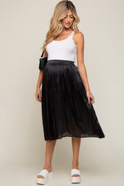 Black Pleated Shimmer Satin Maternity Midi Skirt