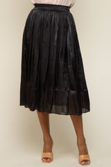 Black Pleated Shimmer Satin Midi Skirt