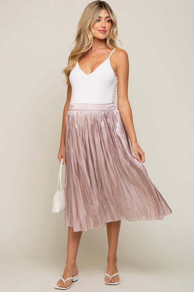 Light Pink Pleated Shimmer Satin Maternity Midi Skirt– PinkBlush