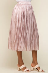 Light Pink Pleated Shimmer Satin Midi Skirt