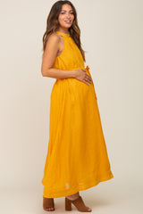 Yellow Linen A-line Maternity Midi Dress