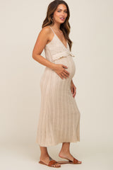 Beige Crochet Eyelet Trim Maternity Midi Dress