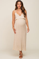 Beige Crochet Eyelet Trim Maternity Midi Dress