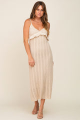 Beige Crochet Eyelet Trim Maternity Midi Dress