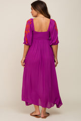 Magenta 3/4 Sleeve Embroidered Maternity Maxi Dress