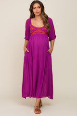 Magenta 3/4 Sleeve Embroidered Maternity Maxi Dress