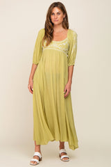 Green 3/4 Sleeve Embroidered Maxi Dress