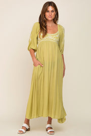 Green 3/4 Sleeve Embroidered Maxi Dress