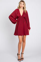 Burgundy Deep V-Neck Long Sleeve Dress