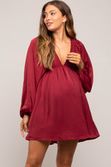 Burgundy Deep V-Neck Long Sleeve Maternity Dress