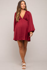 Burgundy Deep V-Neck Long Sleeve Maternity Dress