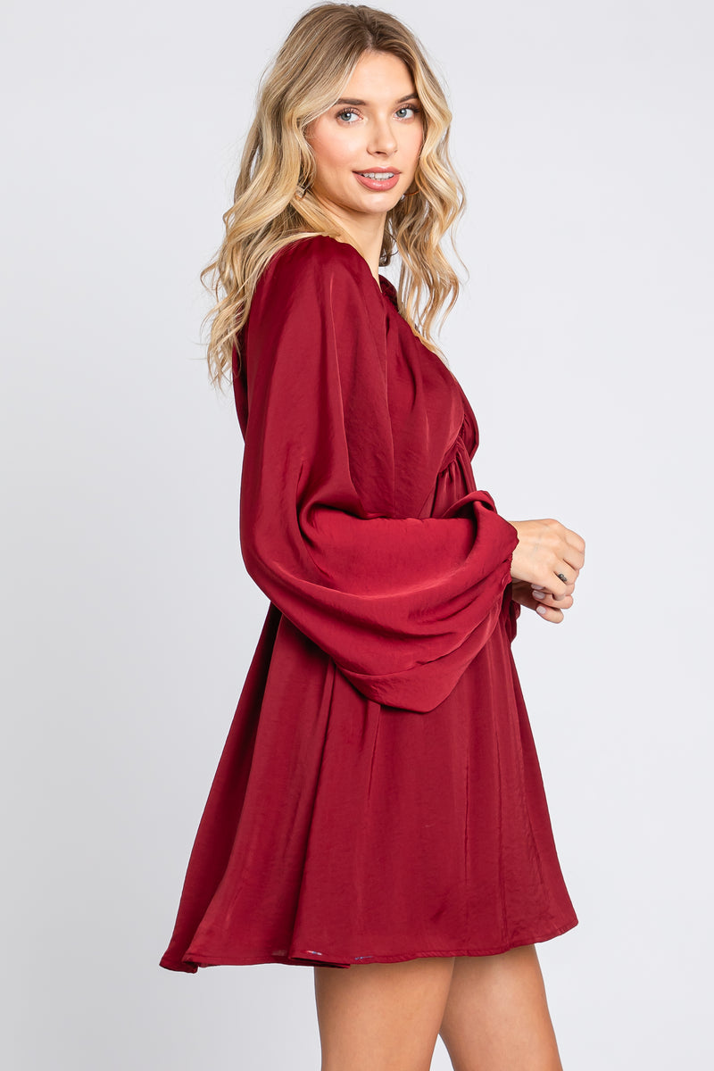 Burgundy Deep V-Neck Long Sleeve Dress – PinkBlush