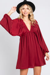 Burgundy Deep V-Neck Long Sleeve Maternity Dress