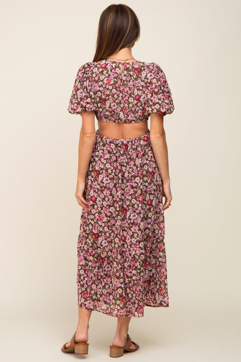 Brown Floral Chiffon Back Cutout Short Puff Sleeve Midi Dress – PinkBlush