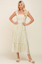 Light Olive Floral Ruffle Accent Smocked Midi Dress