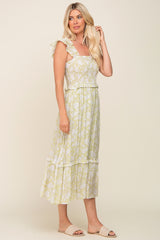 Light Olive Floral Ruffle Accent Smocked Midi Dress