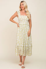 Light Olive Floral Ruffle Accent Smocked Midi Dress