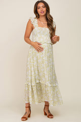 Light Olive Floral Ruffle Accent Smocked Maternity Midi Dress