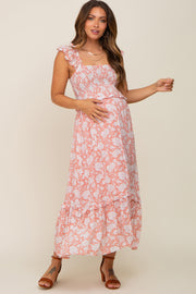 Mauve Floral Ruffle Accent Smocked Maternity Midi Dress