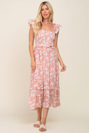 Mauve Floral Ruffle Accent Smocked Midi Dress