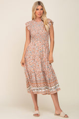 Peach Smocked Midi Dress