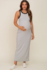 Black Striped Ribbed Sleeveless Maternity Maxi Dress