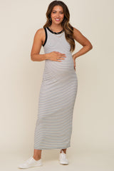 Black Striped Ribbed Sleeveless Maternity Maxi Dress