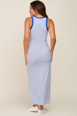 Blue Striped Ribbed Sleeveless Maternity Maxi Dress