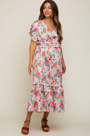 Pink Floral Satin Ruffle Maternity Midi Dress