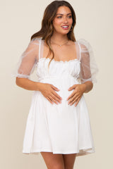 White Mesh Sleeve Maternity Mini Dress