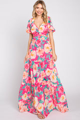 Fuchsia Floral Chiffon Front Sweetheart Neck Lace-Up Back Tiered Maternity Maxi Dress