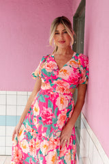 Fuchsia Floral Chiffon Front Sweetheart Neck Lace-Up Back Tiered Maternity Maxi Dress