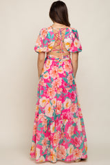 Fuchsia Floral Chiffon Front Sweetheart Neck Lace-Up Back Tiered Maternity Maxi Dress