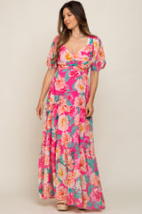 Fuchsia Floral Chiffon Front Sweetheart Neck Lace-Up Back Tiered Maternity Maxi Dress