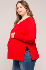 Red Knit Long Dolman Sleeve Plus Maternity Top