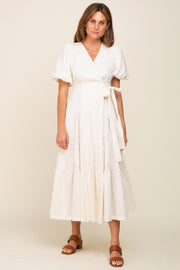 Cream Linen Wrap V-Neck Short Sleeve Tiered Midi Dress