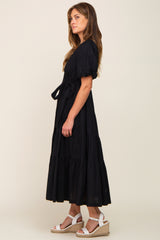 Black Linen Wrap V-Neck Short Sleeve Tiered Midi Dress