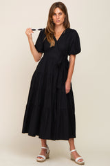 Black Linen Wrap V-Neck Short Sleeve Tiered Midi Dress